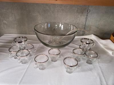 PRETTY PUNCH BOWL WITH SILVER RIMMED CUPS