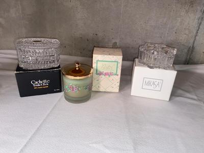CAHETTE AND MIKASA LEAD CRYSTAL TRINKET BOXES AND A BRASS LID CANDLE