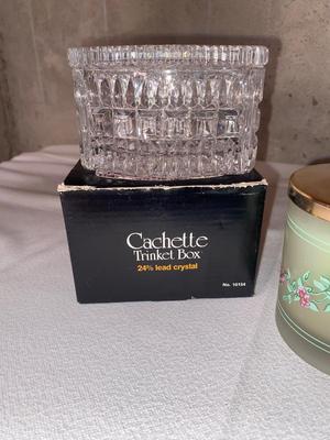 CAHETTE AND MIKASA LEAD CRYSTAL TRINKET BOXES AND A BRASS LID CANDLE