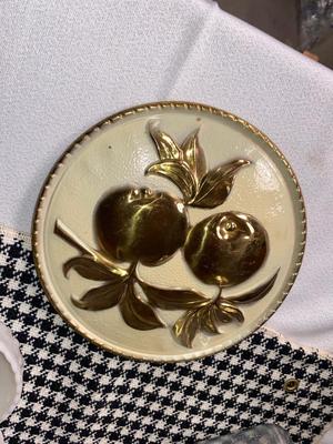 FENTON HOBNAIL SEPARATED DISH, ENAMEL WEAR PLATES, VINTAGE BREAD BOX, AND BRASS WALL HANGINGS