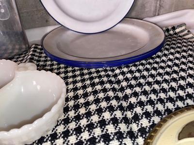 FENTON HOBNAIL SEPARATED DISH, ENAMEL WEAR PLATES, VINTAGE BREAD BOX, AND BRASS WALL HANGINGS