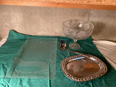 AL DISH, PEWTER PLATTER, LADEL, LARGE GLASS PLATTER
