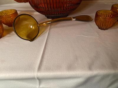 VINTAGE ROYAL AMBER GLASS PUNCH BOWL, CUPS, AND LADLE