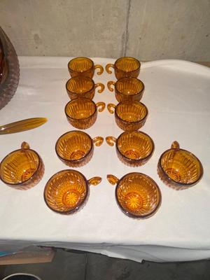 VINTAGE ROYAL AMBER GLASS PUNCH BOWL, CUPS, AND LADLE