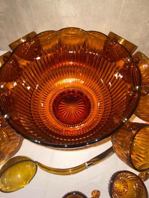 VINTAGE ROYAL AMBER GLASS PUNCH BOWL, CUPS, AND LADLE