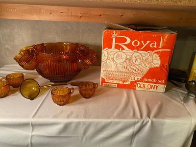 VINTAGE ROYAL AMBER GLASS PUNCH BOWL, CUPS, AND LADLE