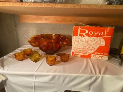 VINTAGE ROYAL AMBER GLASS PUNCH BOWL, CUPS, AND LADLE