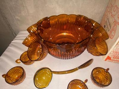 VINTAGE ROYAL AMBER GLASS PUNCH BOWL, CUPS, AND LADLE
