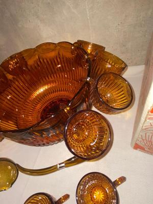 VINTAGE ROYAL AMBER GLASS PUNCH BOWL, CUPS, AND LADLE