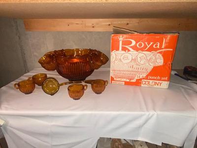 VINTAGE ROYAL AMBER GLASS PUNCH BOWL, CUPS, AND LADLE