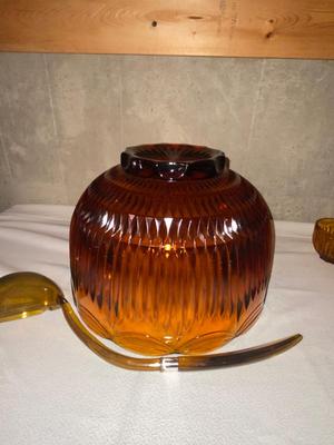 VINTAGE ROYAL AMBER GLASS PUNCH BOWL, CUPS, AND LADLE