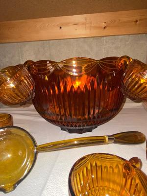 VINTAGE ROYAL AMBER GLASS PUNCH BOWL, CUPS, AND LADLE