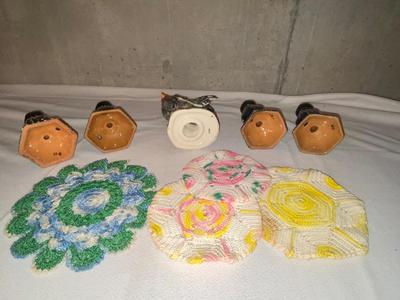 ROOSTER, CANDLESTICK HOLDERS, AND COLORFUL DOILIES,