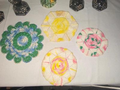ROOSTER, CANDLESTICK HOLDERS, AND COLORFUL DOILIES,