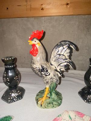 ROOSTER, CANDLESTICK HOLDERS, AND COLORFUL DOILIES,