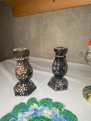 ROOSTER, CANDLESTICK HOLDERS, AND COLORFUL DOILIES,