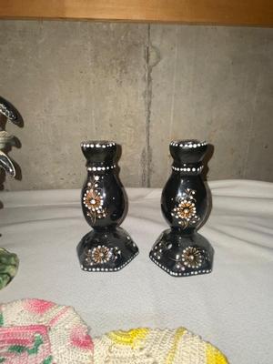 ROOSTER, CANDLESTICK HOLDERS, AND COLORFUL DOILIES,