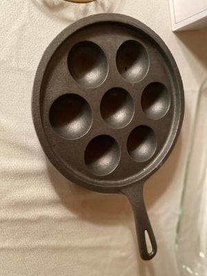 NIB SMALL STIR FRY PAN, NEW CAST IRON AEBLESKIVER, 13x9 GLASS BAKING DISH AND MORE