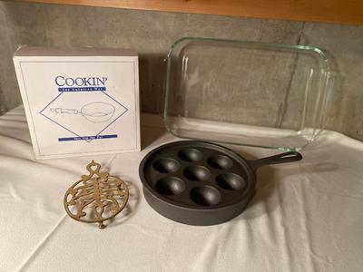 NIB SMALL STIR FRY PAN, NEW CAST IRON AEBLESKIVER, 13x9 GLASS BAKING DISH AND MORE