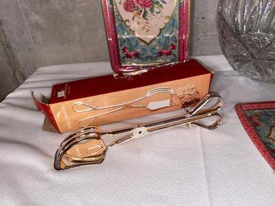 BEAUTIFUL LEAD CRYSTAL BOWL, ROYAL SILVER PLATED TONGS, AND MORE!