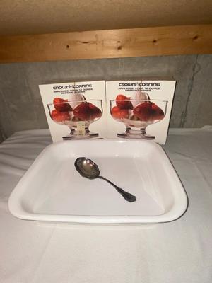 CORNING WARE CASSEROLE DISH, PLATED SERVING SPOON, NIB DESERT CUPS.