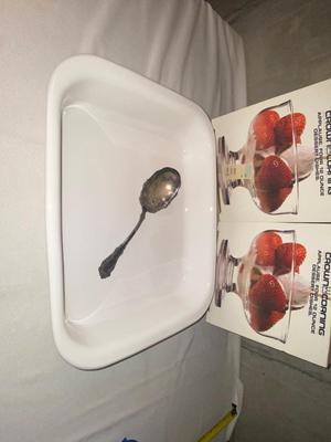 CORNING WARE CASSEROLE DISH, PLATED SERVING SPOON, NIB DESERT CUPS.