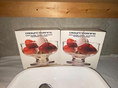 CORNING WARE CASSEROLE DISH, PLATED SERVING SPOON, NIB DESERT CUPS.