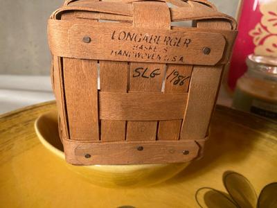 CHIP AND DIP DISH, SERVING TRAY, CANDLES IN JARS AND LONGABERGER BASKET