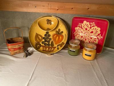 CHIP AND DIP DISH, SERVING TRAY, CANDLES IN JARS AND LONGABERGER BASKET