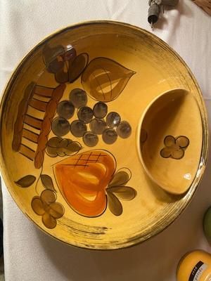CHIP AND DIP DISH, SERVING TRAY, CANDLES IN JARS AND LONGABERGER BASKET
