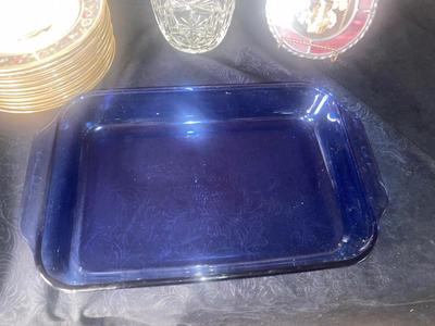 LEAD CRYSTAL VASE, BLUE GLASS BAKING DISH, GOLD RIMMED LUNCHEON PLATES AND STAINED GLASS