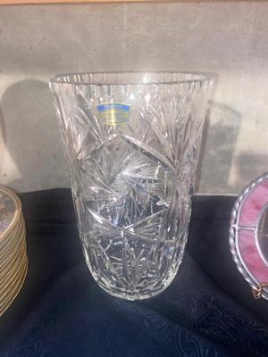 LEAD CRYSTAL VASE, BLUE GLASS BAKING DISH, GOLD RIMMED LUNCHEON PLATES AND STAINED GLASS