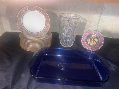 LEAD CRYSTAL VASE, BLUE GLASS BAKING DISH, GOLD RIMMED LUNCHEON PLATES AND STAINED GLASS