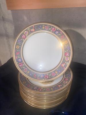 LEAD CRYSTAL VASE, BLUE GLASS BAKING DISH, GOLD RIMMED LUNCHEON PLATES AND STAINED GLASS