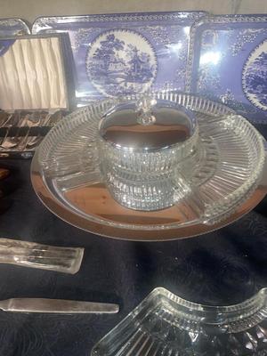 KROMEX LAZY SUSAN SERVER, CUTLERY, BLUE AND WHITE TIN TRAYS AND MORE