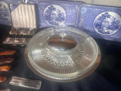 KROMEX LAZY SUSAN SERVER, CUTLERY, BLUE AND WHITE TIN TRAYS AND MORE