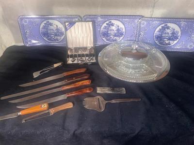 KROMEX LAZY SUSAN SERVER, CUTLERY, BLUE AND WHITE TIN TRAYS AND MORE