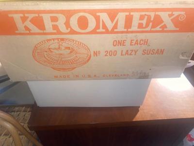 KROMEX LAZY SUSAN SERVER, CUTLERY, BLUE AND WHITE TIN TRAYS AND MORE