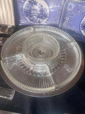 KROMEX LAZY SUSAN SERVER, CUTLERY, BLUE AND WHITE TIN TRAYS AND MORE