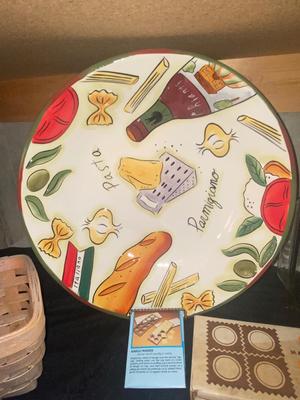 CLAY ART ITALIANO PLATTER, RAVIOLI MAKER, BAKING DISH & LONGABERGER BASKET