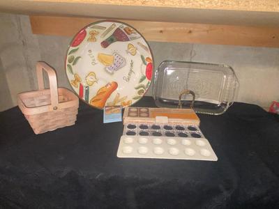 CLAY ART ITALIANO PLATTER, RAVIOLI MAKER, BAKING DISH & LONGABERGER BASKET