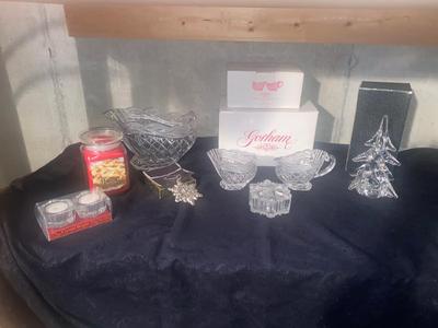 LEAD CRYSTAL HOLIDAY SLEIGH CREAM AND SUGAR CONTAINER AND CENTER PIECES, ALSO TRINKET BOX, CANDLES , AND MORE