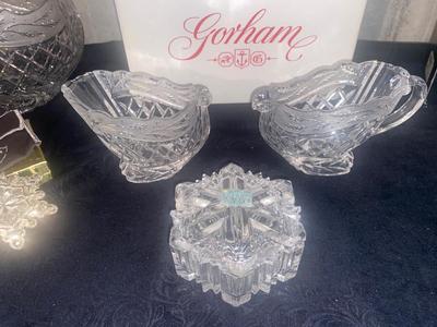 LEAD CRYSTAL HOLIDAY SLEIGH CREAM AND SUGAR CONTAINER AND CENTER PIECES, ALSO TRINKET BOX, CANDLES , AND MORE