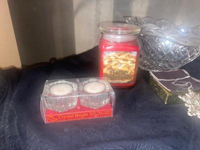 LEAD CRYSTAL HOLIDAY SLEIGH CREAM AND SUGAR CONTAINER AND CENTER PIECES, ALSO TRINKET BOX, CANDLES , AND MORE