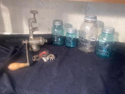 MEAT GRINDER AND OLD CANNING JARS