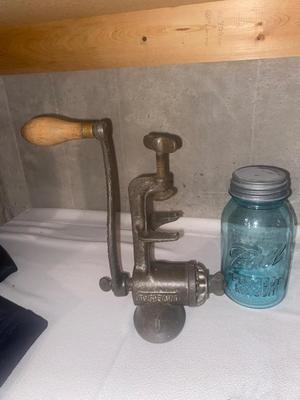 MEAT GRINDER AND OLD CANNING JARS