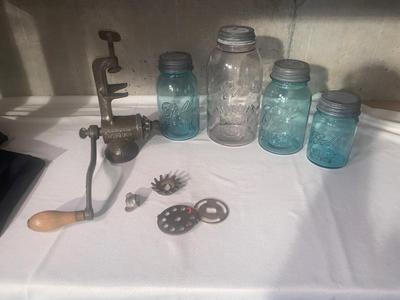 MEAT GRINDER AND OLD CANNING JARS
