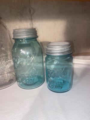 MEAT GRINDER AND OLD CANNING JARS