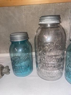 MEAT GRINDER AND OLD CANNING JARS