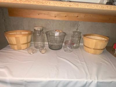 GLASS ICE BUCKET AND CANISTERS PLUS 2 BUSHEL BASKETS